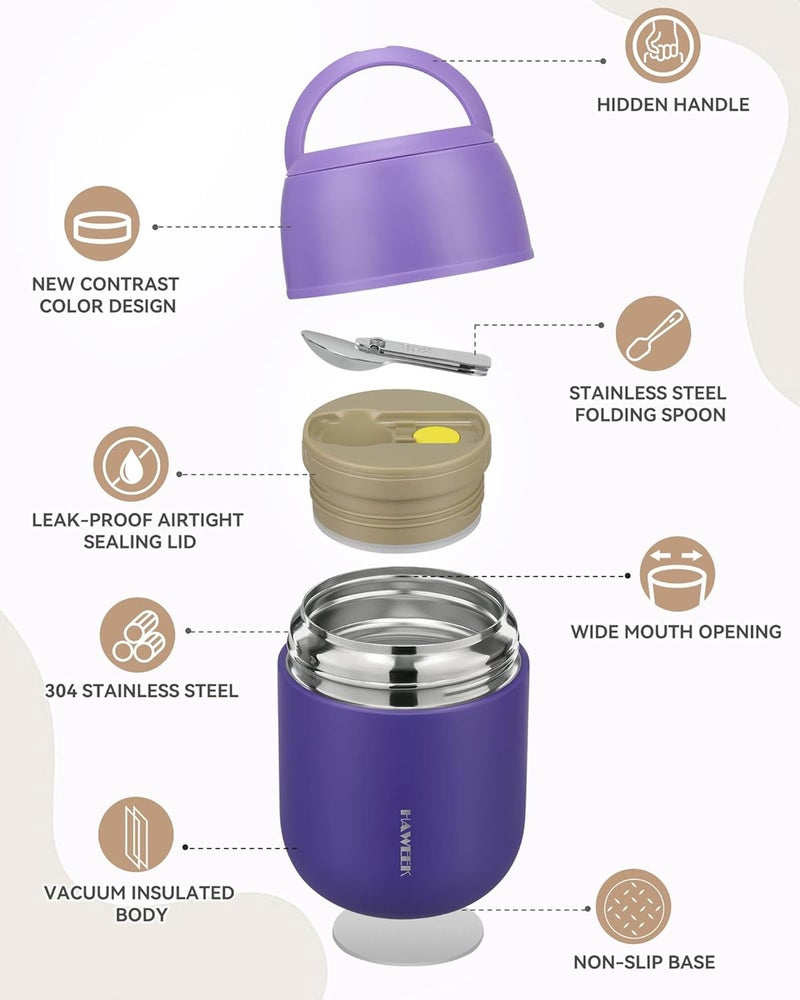Haweek 17oz Soup Thermo for Hot Food Adults Insulated Food Jar Thermo Hot Food Lunch Container Wide Mouth Stainless Steel Lunch Box for Kids with Folding Spoon Cleaning Brush Purple - Image 5